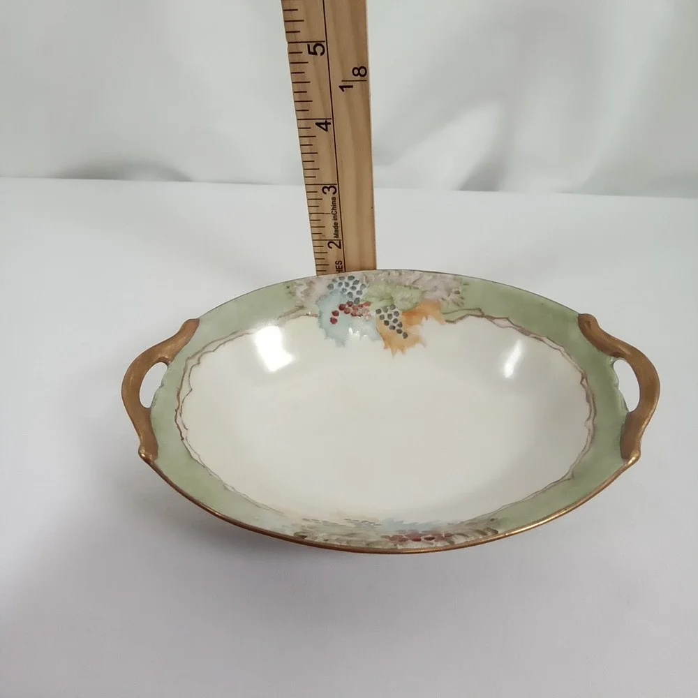 Vintage Hand Painted Porcelain Nut Dish Grapes Gold‎ Handles Japan Oval 7.75in